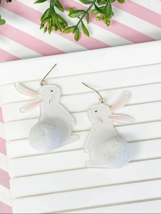 White Bunny Pom-Tail Dangle Earrings - Shop Beautiful Gloww